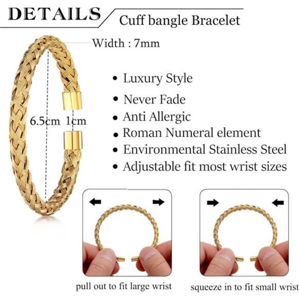 3PCS Stainless Steel Bracelets for Men Gold Roman Numeral Bangle Bracelet - Picture 4 of 7